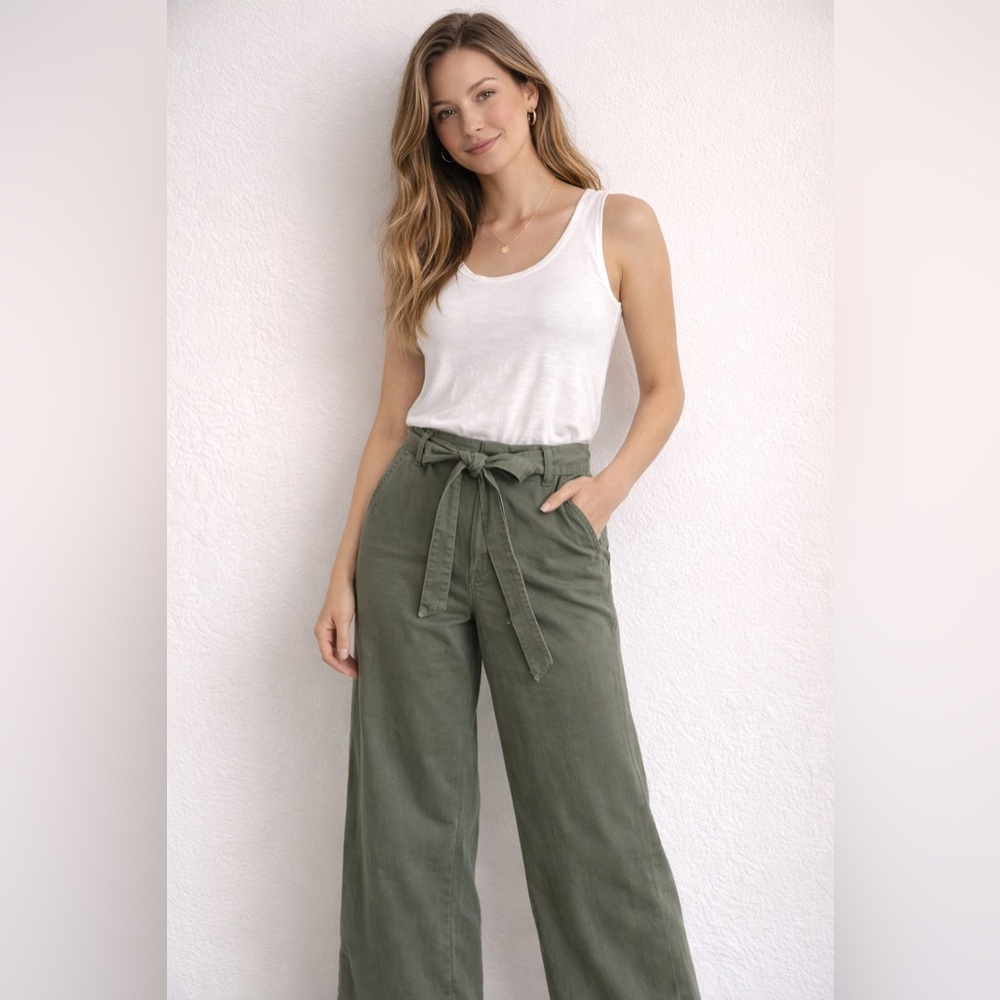 A New Day Olive Wide Leg Pants High Rise Tie Waist Women Size 6
